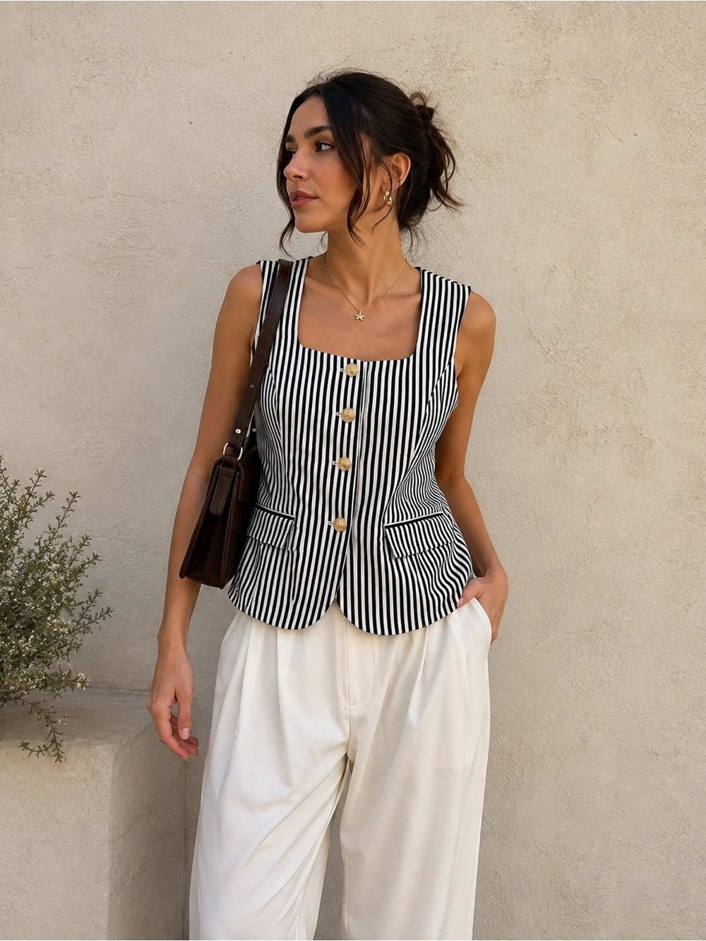 Ovi Black & White Vertical Stripe Sleeveless Button Vest